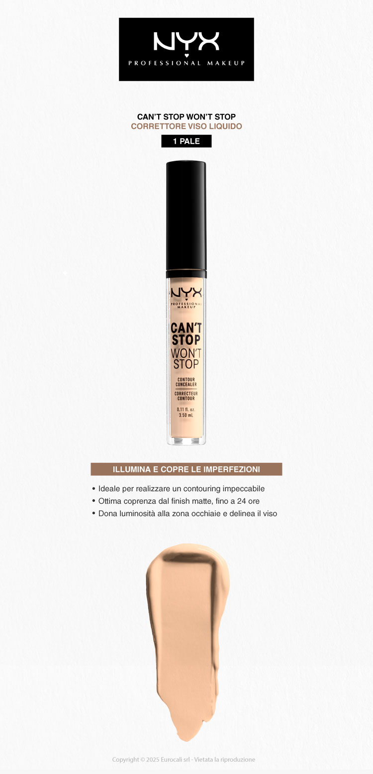 NYX Professional Makeup Can't Stop Won't Stop Correttore Liquido Viso 1 Pale 3,5ml