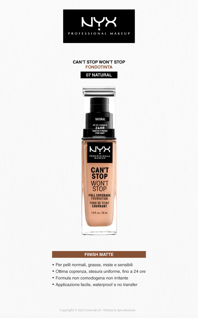 NYX Professional Makeup Can't Stop Won't Stop Fondotinta 07 Natural 30ml