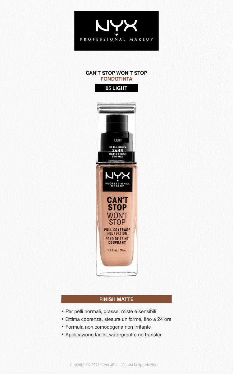NYX Professional Makeup Can't Stop Won't Stop Fondotinta 05 Light 30ml