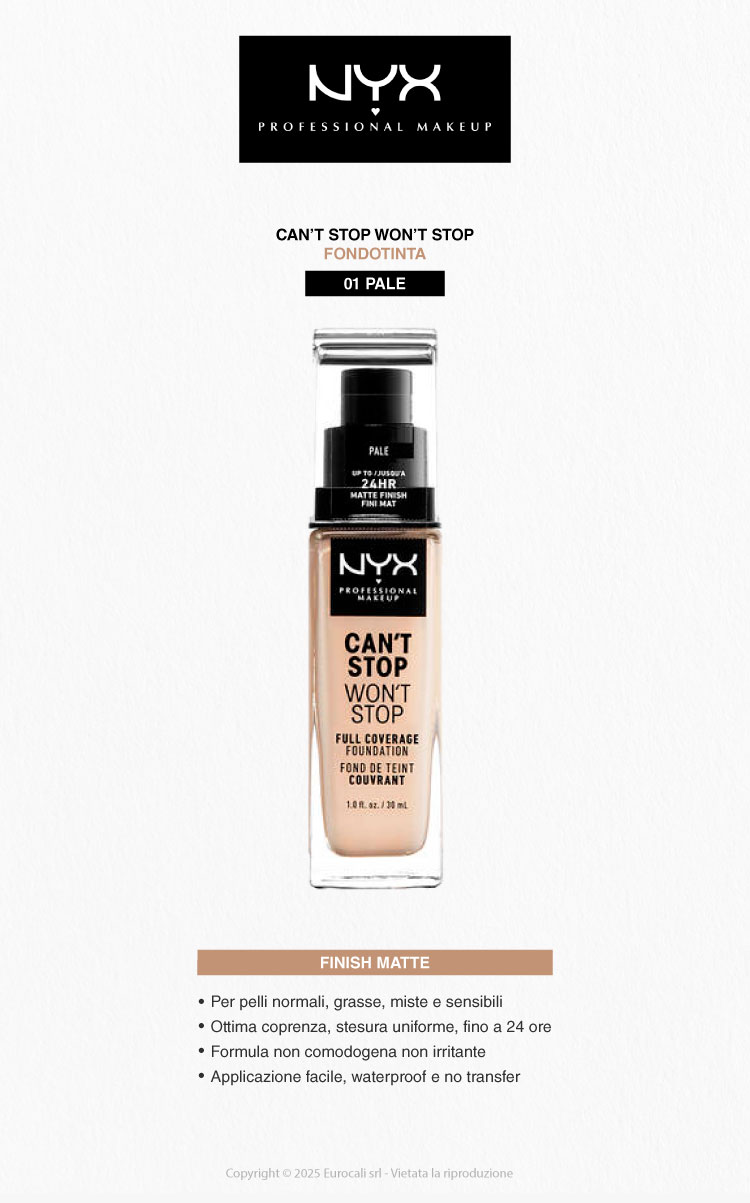 NYX Professional Makeup Can't Stop Won't Stop Fondotinta 01 Pale 30ml