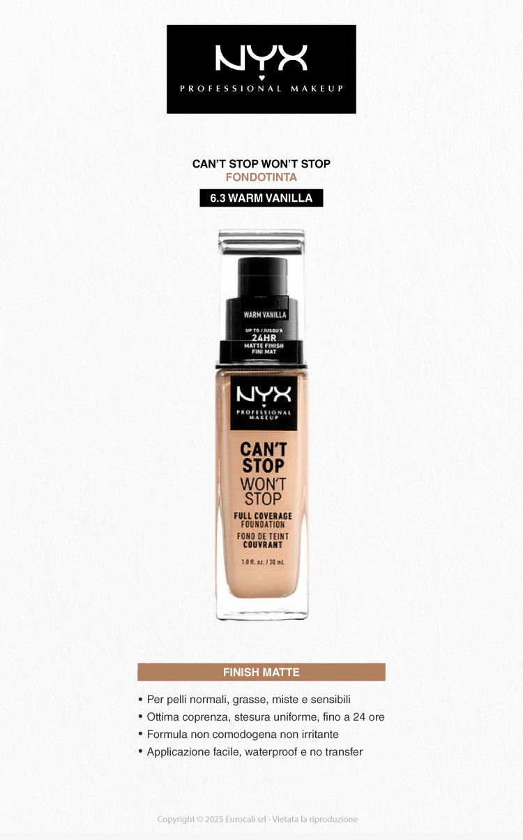 NYX Professional Makeup Can't Stop Won't Stop Fondotinta 6.3 Warm Vanilla 30ml