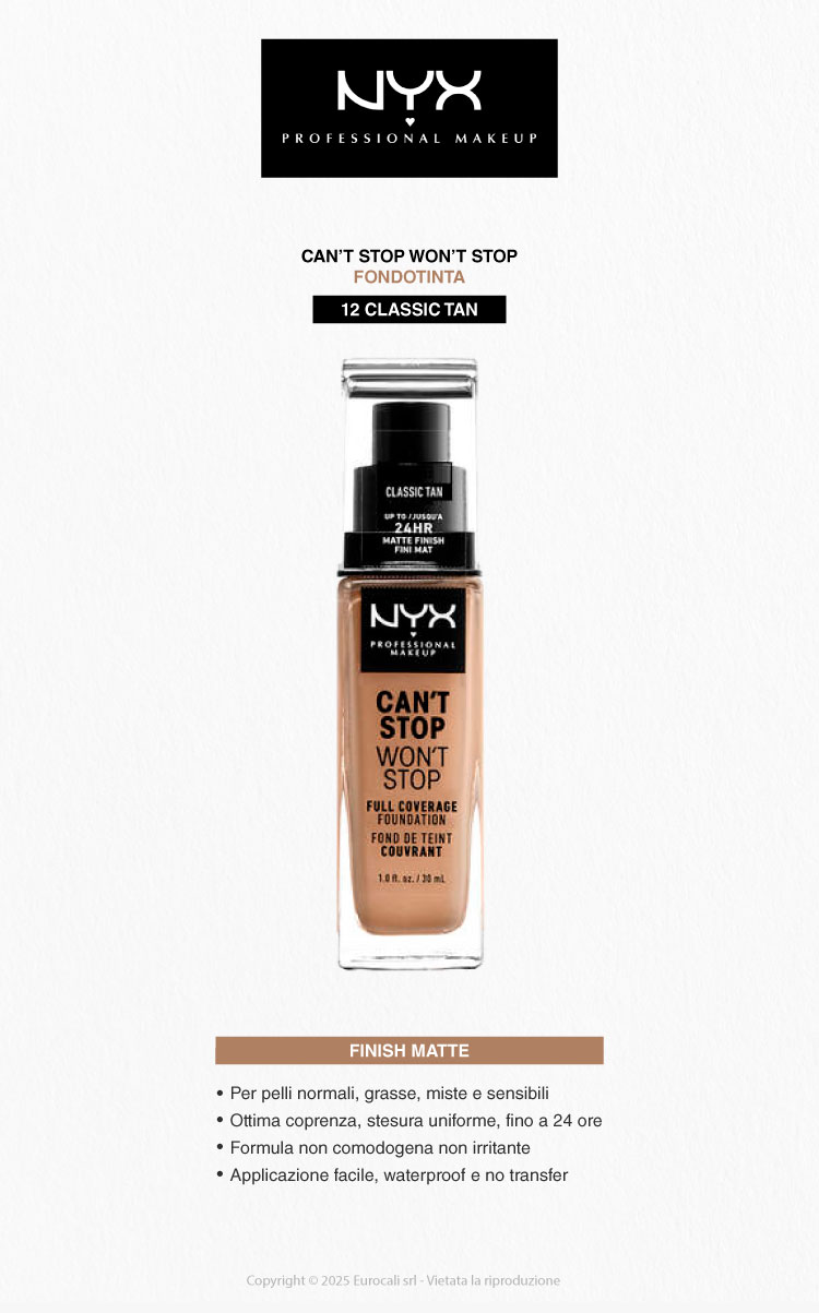 NYX Professional Makeup Can't Stop Won't Stop Fondotinta 12 Classic Tan 30ml