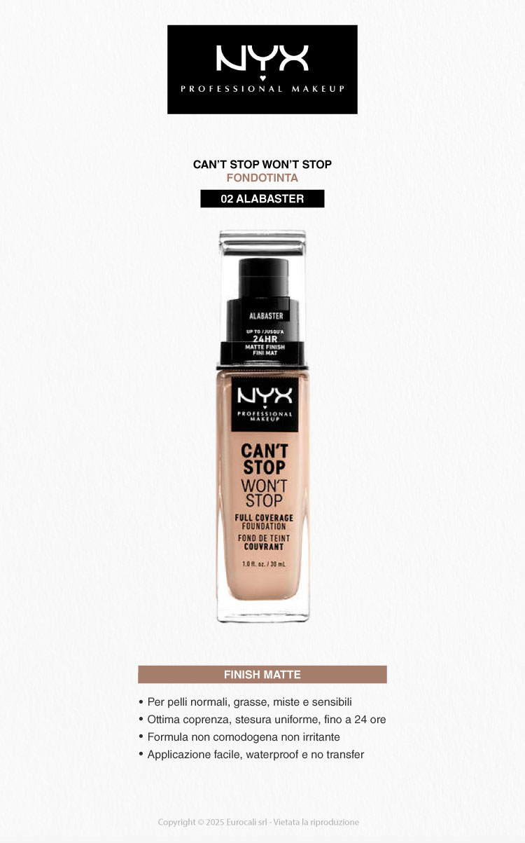 NYX Professional Makeup Can't Stop Won't Stop Fondotinta 02 Alabaster 30ml