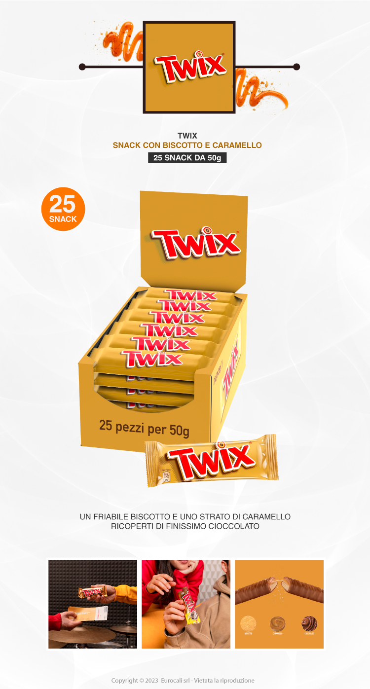 Twix Snack con Biscotto e Caramello Ricoperto di Cioccolato - Box con 25 Barrette da 50g