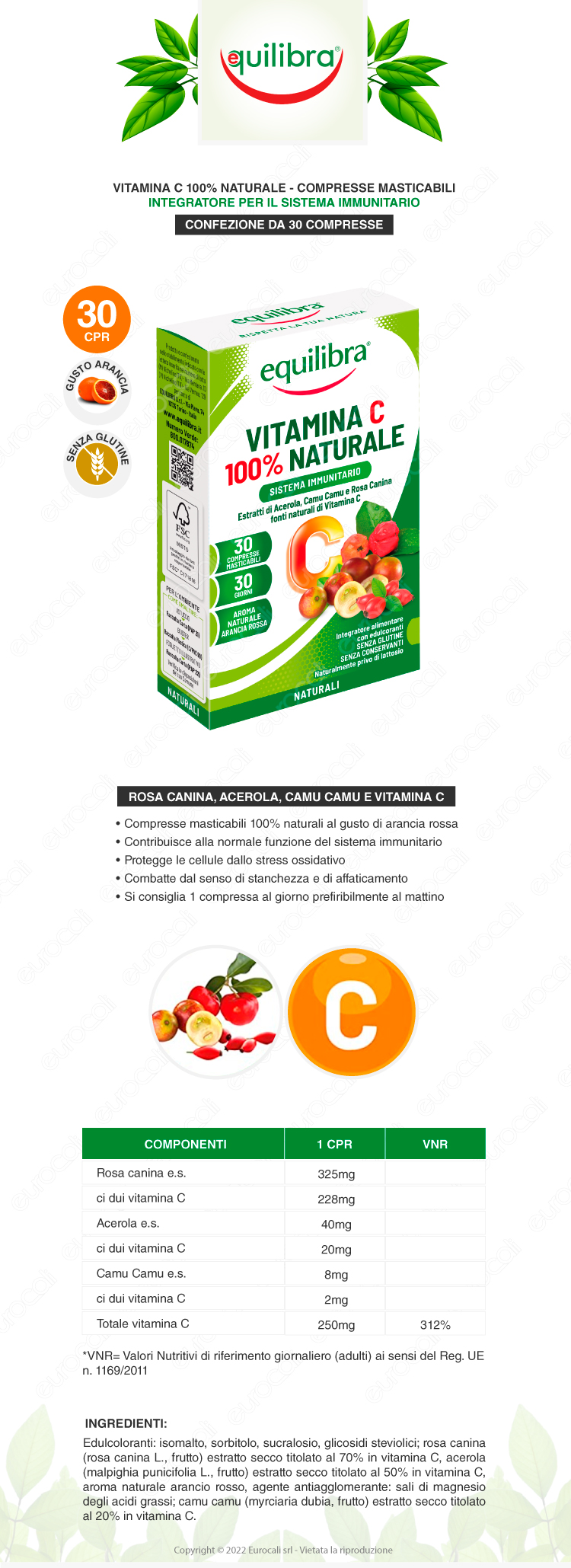 equilibra vitamina c 100% naturale integratore alimentare sistema immunitario gusto arancia gluten free senza lattosio 30