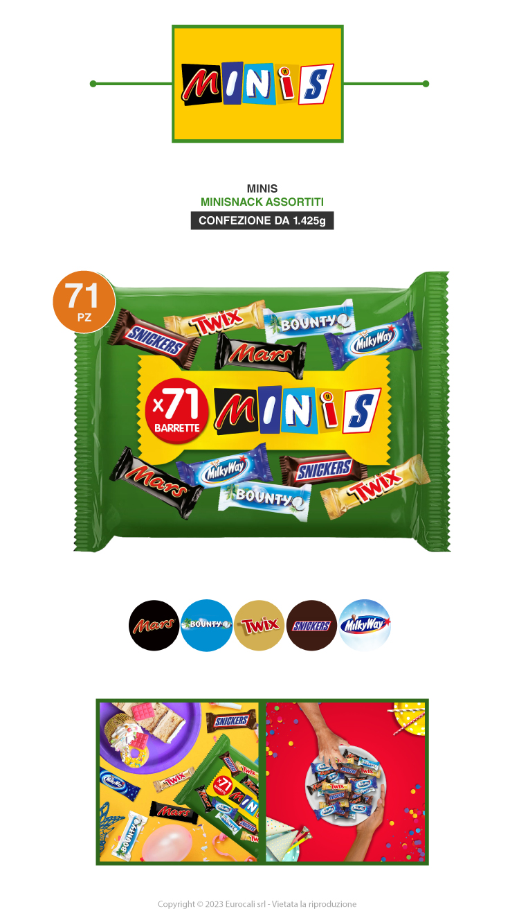 Minis Mixed con Mars Snickers Twix Bounty MilkyWay 1425g 1,4kg snack misti assortiti 71 barrette