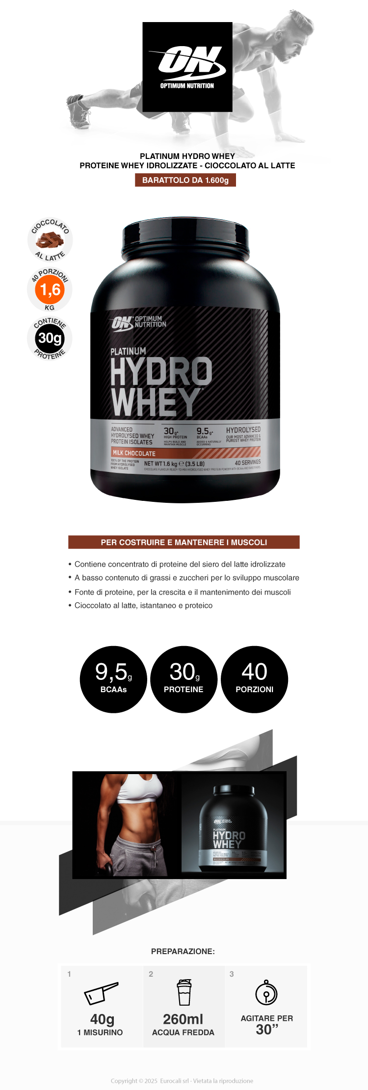Optimum Nutrition Platinum Hydro Whey Proteine Idrolizzate e Isolate in Polvere gusto Cioccolato al Latte Barattolo da 1,6Kg