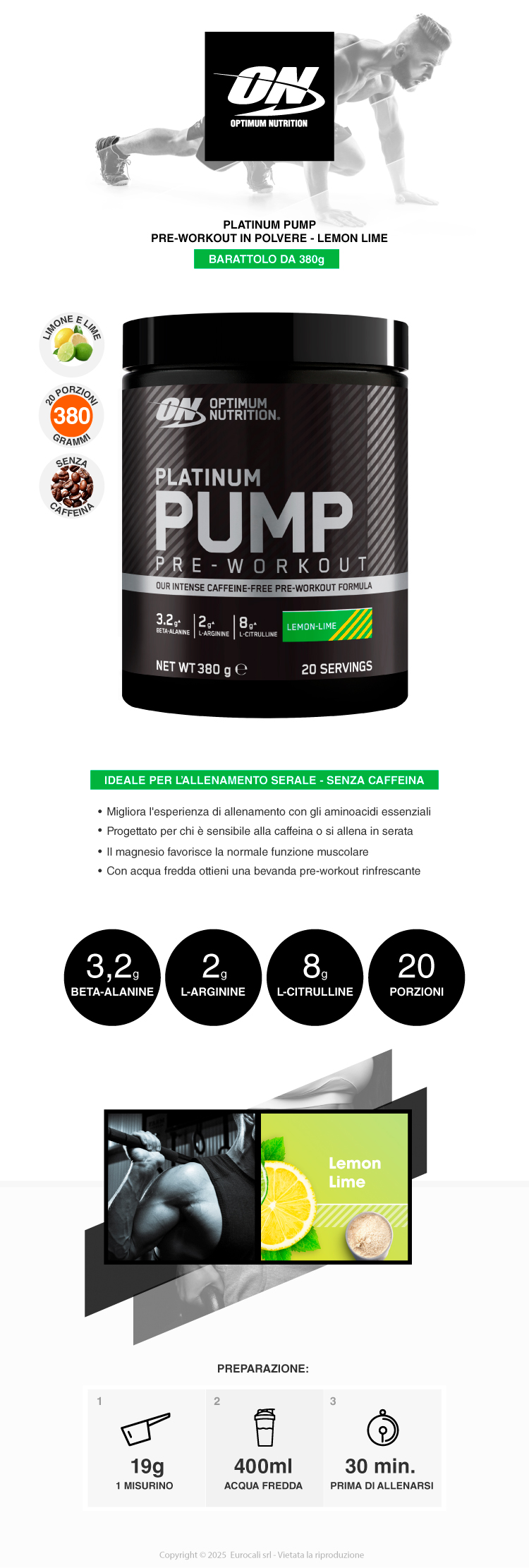 Optimum Nutrition Platinum Pump Pre-Workout in Polvere Senza Caffeina gusto Limone e Lime Barattolo da 380g