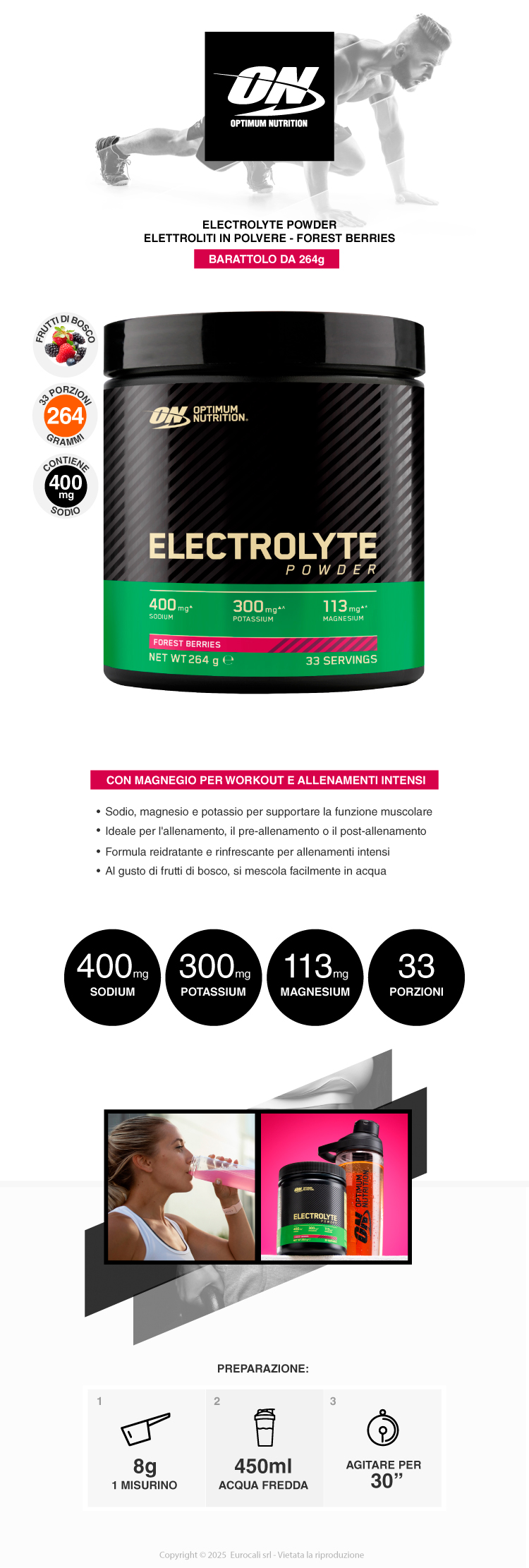 Optimum Nutrition Electrolyte Elettroliti in Polvere gusto Frutti di Bosco Barattolo da 264g