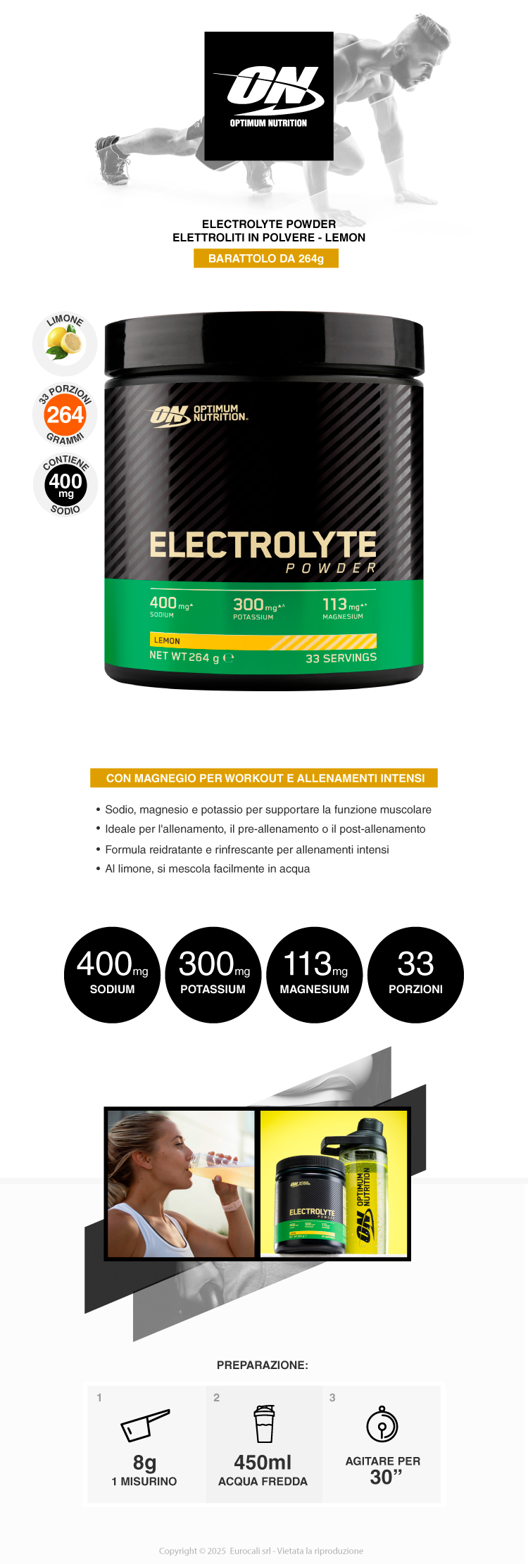 Optimum Nutrition Electrolyte Elettroliti in Polvere gusto Limone Barattolo da 264g