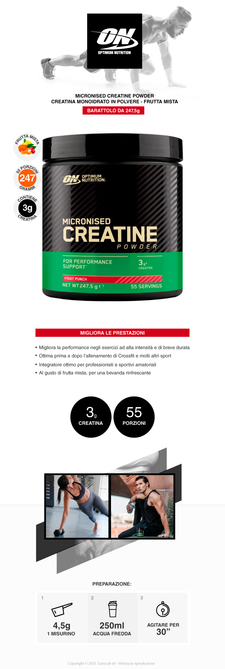 Optimum Nutrition Micronised Creatine Creatina Monoidrato in Polvere gusto Punch alla Frutta Barattolo da 247,5g