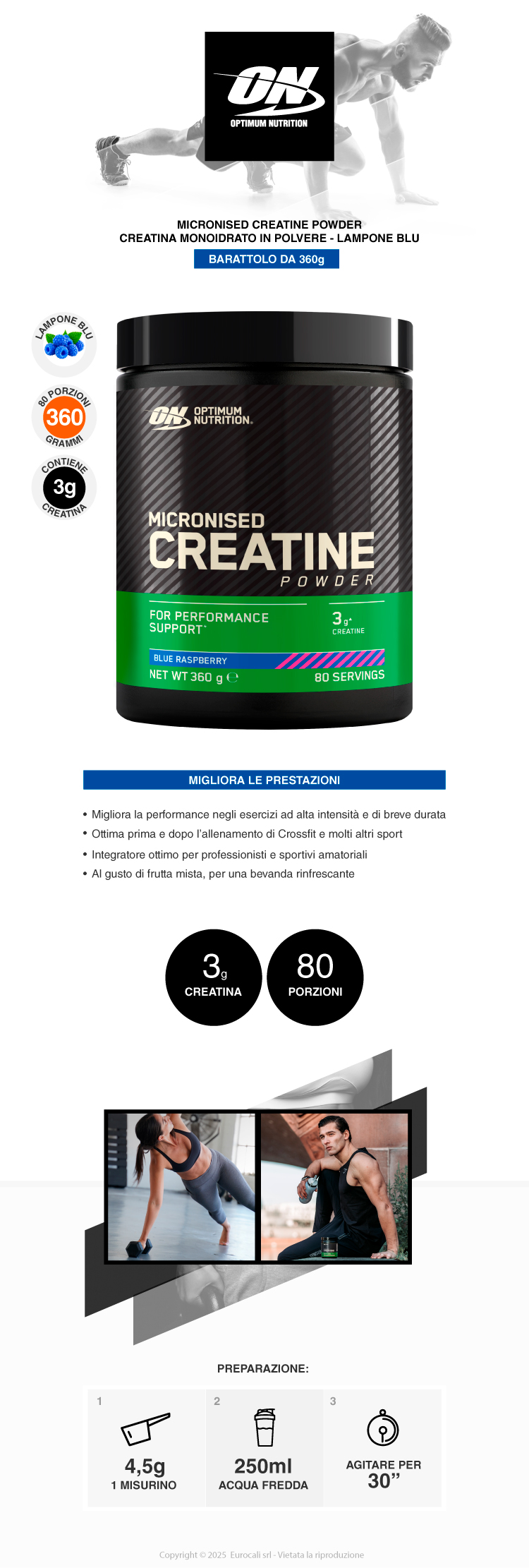 Optimum Nutrition Micronised Creatine Creatina Monoidrato in Polvere gusto Lampone Blu Barattolo da 360g