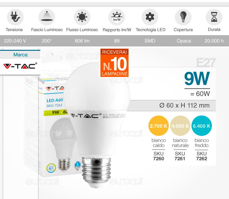 10 Lampadine LED V-Tac VT-2099 E27 9W Bulb A60 - Pack Risparmio