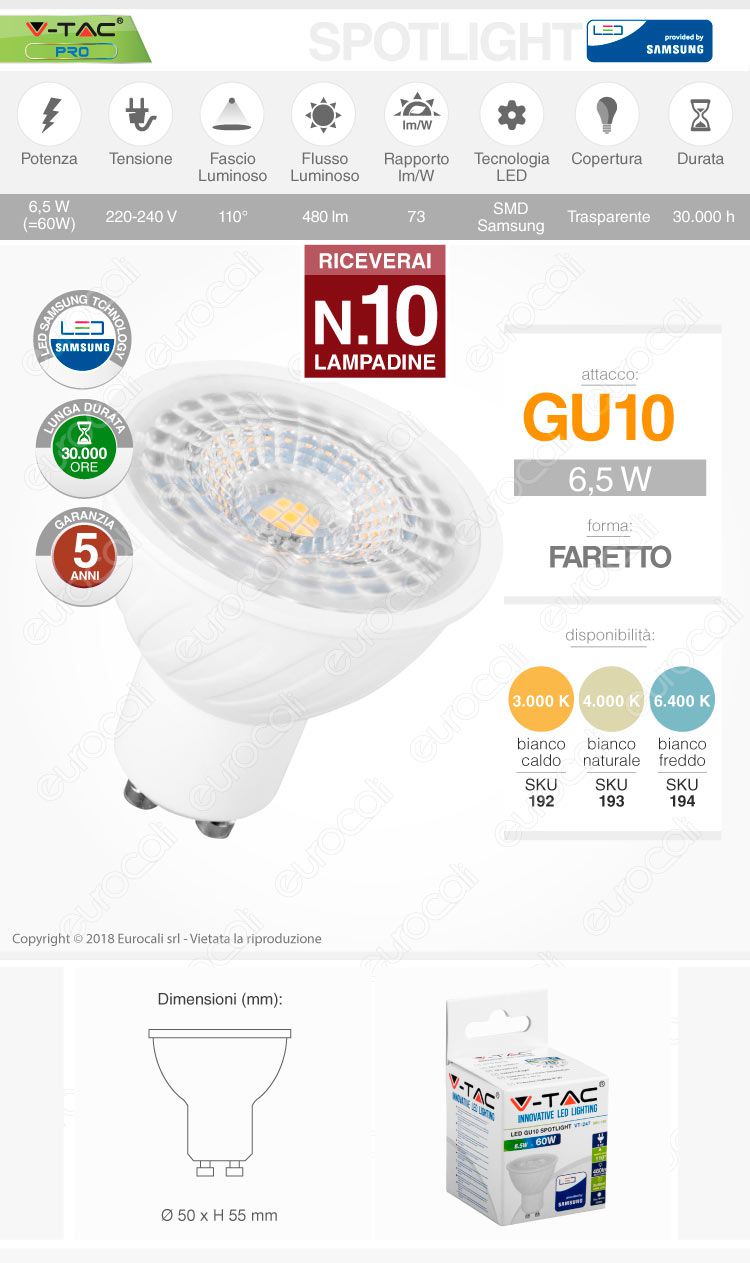 10 Lampadine V-Tac PRO VT-247 Lampadina LED GU10 6,5W Faretto Spotlight Chip Samsung 110° - Pack Risparmio