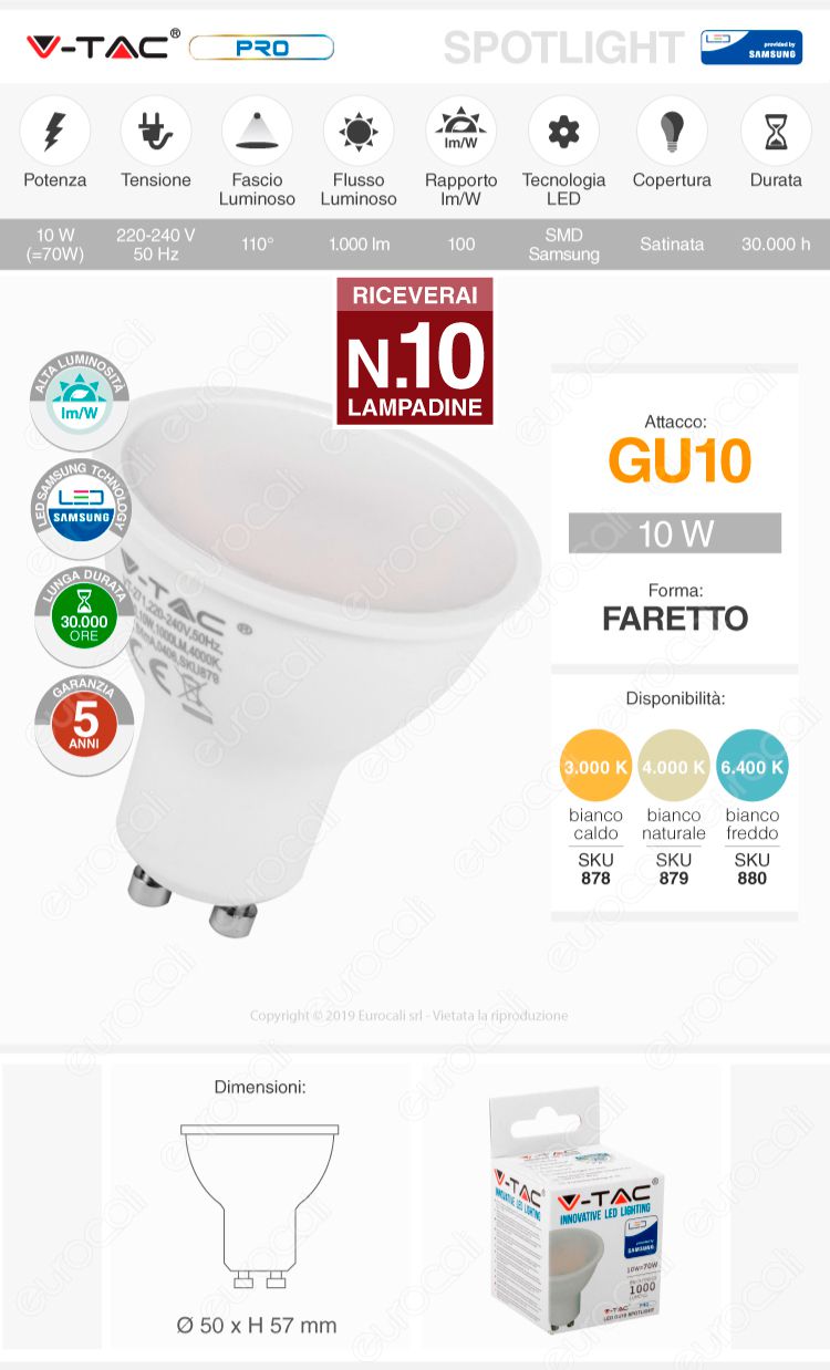 10 Lampadine LED V-Tac PRO VT-271 Lampadina LED GU10 10W Faretto Spotlight Chip Samsung 110° - Pack Risparmio