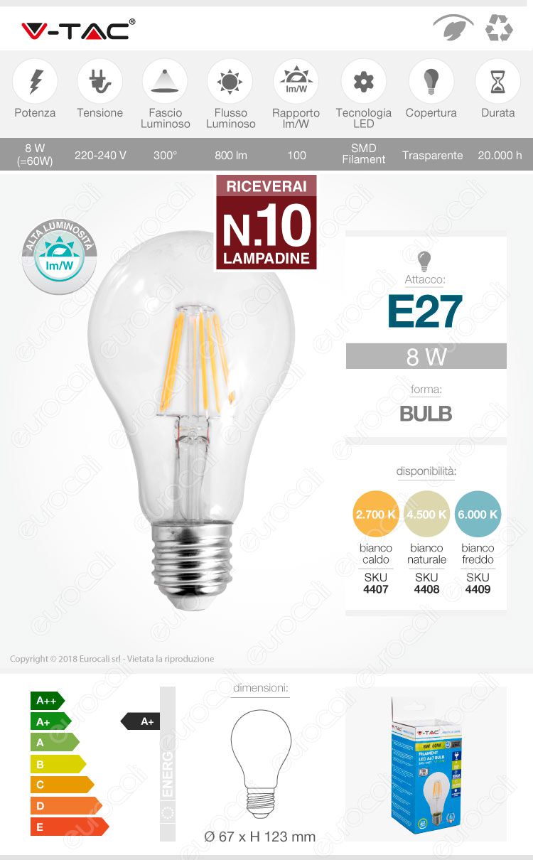 10 Lampadine LED V-Tac VT-1978 E27 8W Bulb A67 Filamento - Pack Risparmio