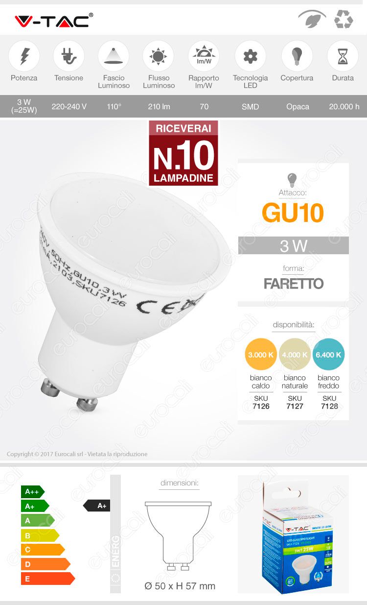 10 Lampadine LED V-Tac VT-1933 GU10 3W Faretto Spotlight - Pack Risparmio