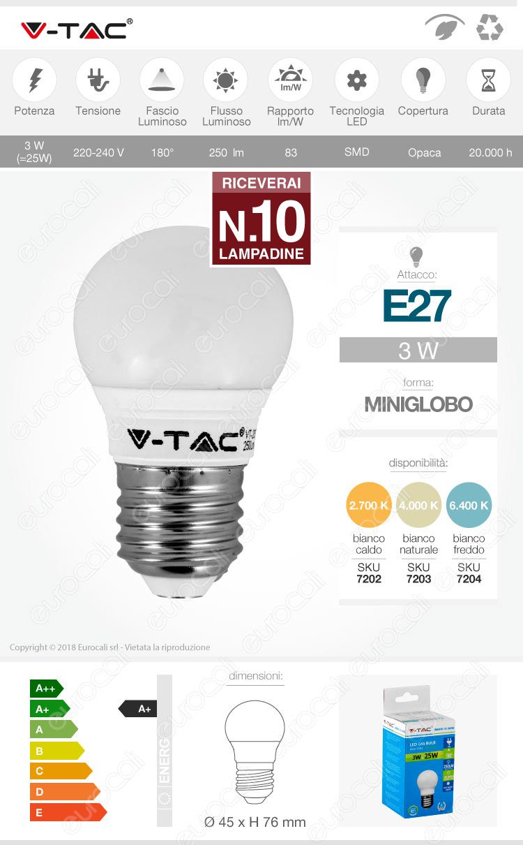 10 Lampadine LED V-Tac VT-2053 E27 3W MiniGlobo G45 - Pack Risparmio