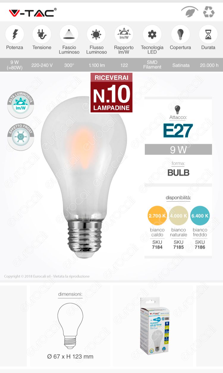10 Lampadine LED V-Tac VT-2049 E27 9W Bulb A67 Frost Filamento - Pack Risparmio