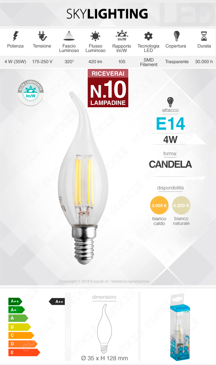 10 Lampadine LED SkyLighting E14 4W Candela Fiamma Filamento