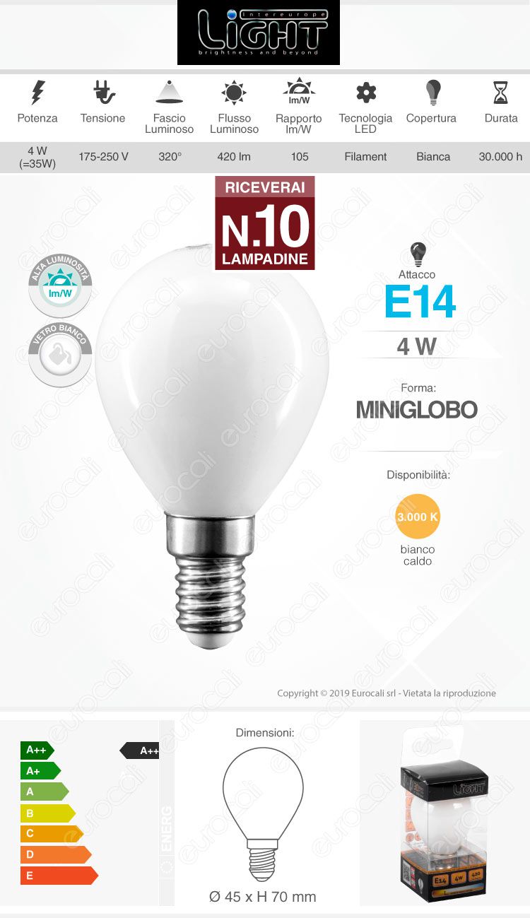 10 Lampadine LED Intereurope Light E14 4W MiniGlobo P45 Milky Filamento - Pack Risparmio