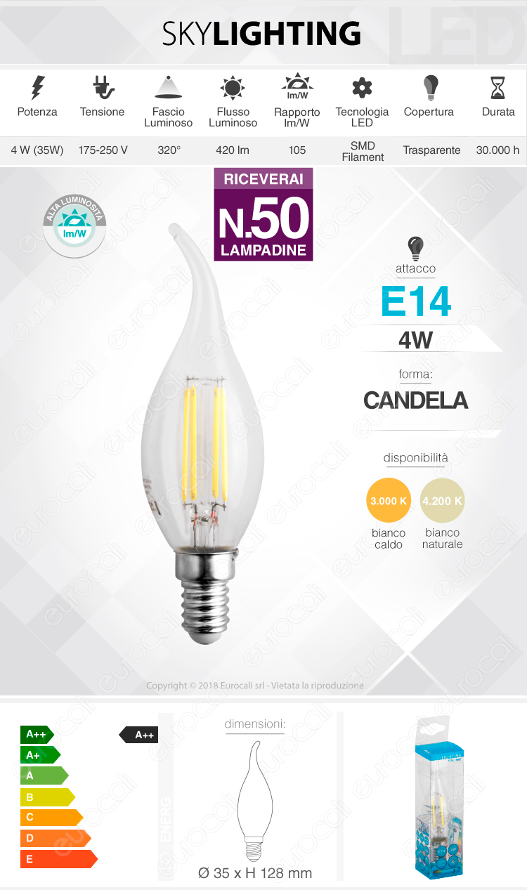 50 Lampadine LED SkyLighting E14 4W Candela Fiamma Filamento - Pack Risparmio