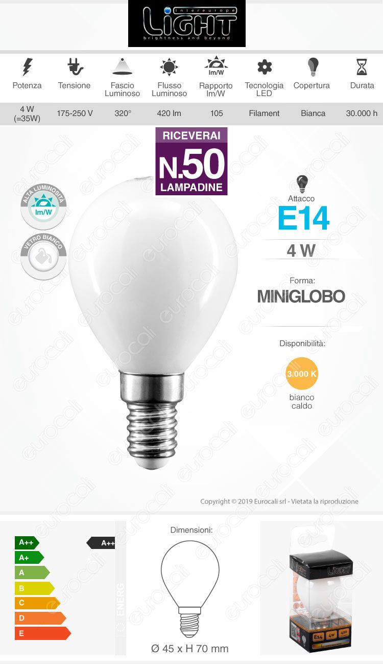 50 Lampadine LED Intereurope Light E14 4W MiniGlobo P45 Milky Filamento - Pack Risparmio