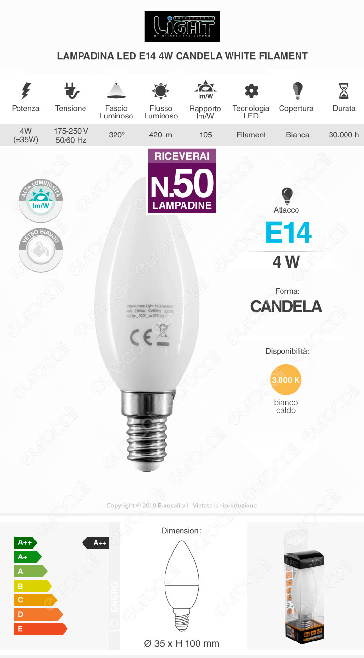 50 Lampadine LED Intereurope Light E14 4W Candela Milky Filamento - Pack Risparmio