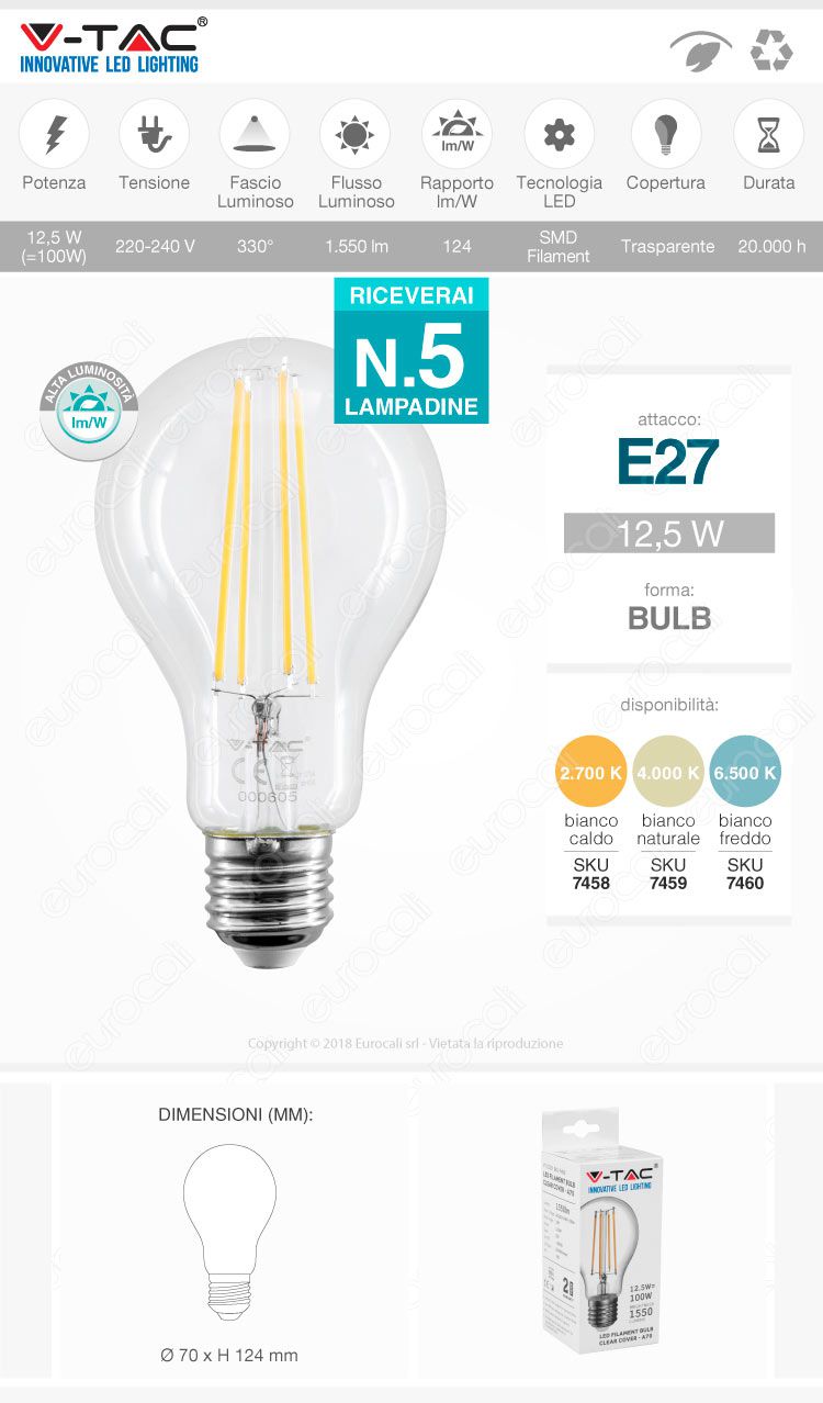 VT-2133 V-Tac Lampadina LED Filament E27 12,5W Bulb A70