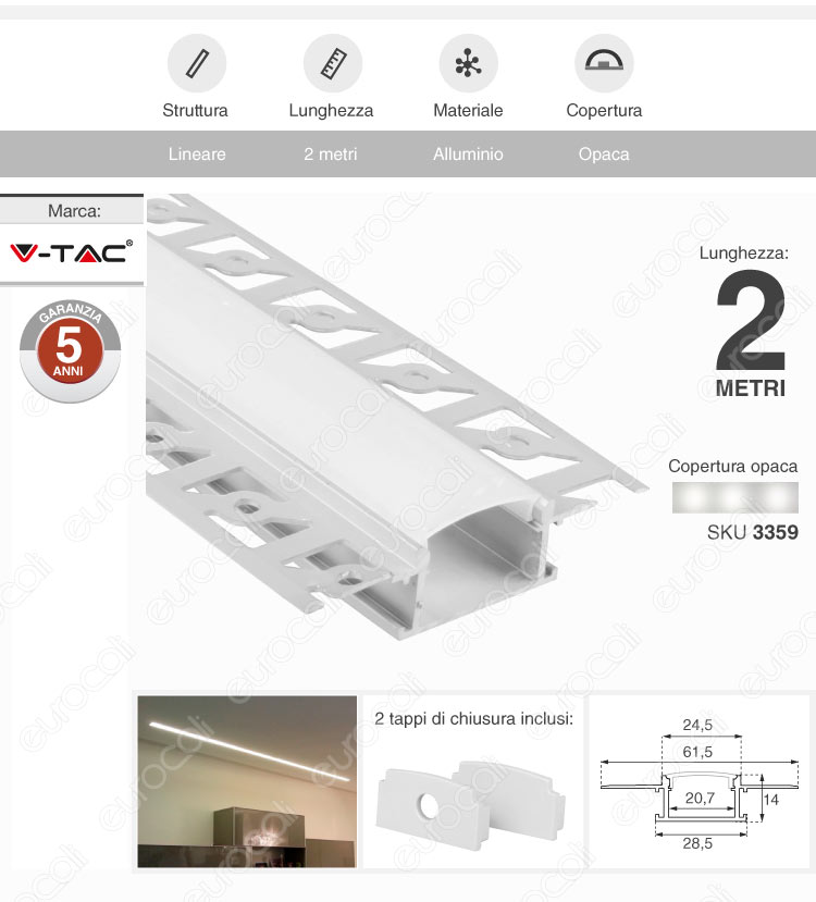 Profilo Alluminio Per Strisce LED - 6m (3 Pezzi Da 2m) - Copertura Opaca - Superficiale - Foto 3