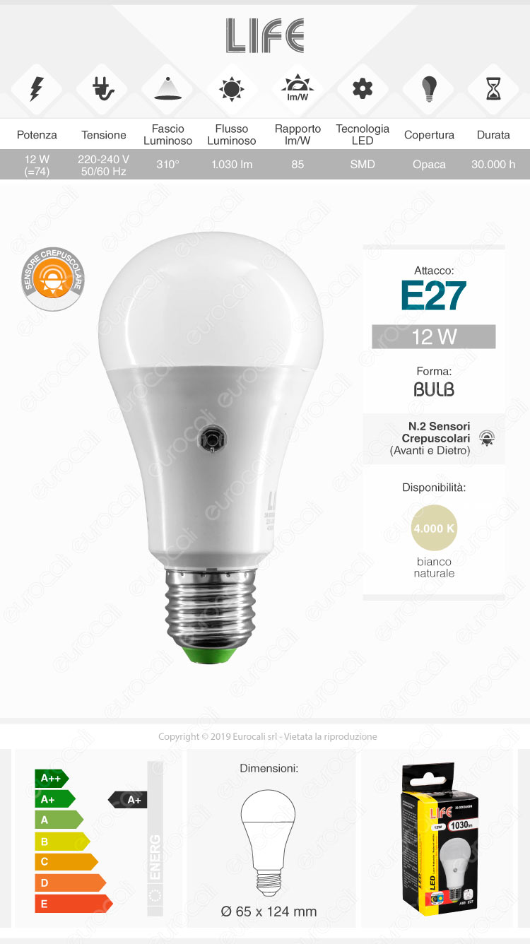 Life Lampadina LED E27 9W Bulb A60 con Sensore Crepuscolare 