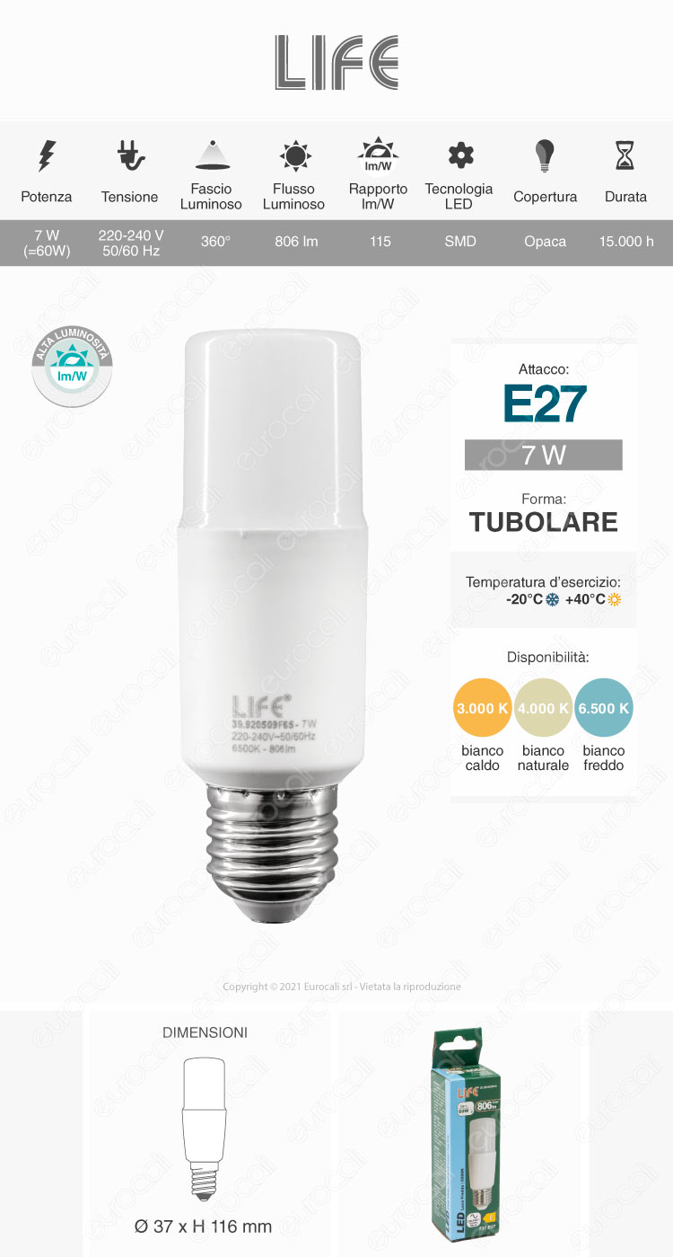 life lampadina E27 T3 Tubolare