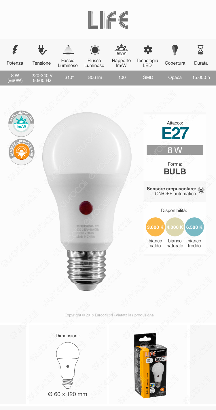 life lampadina e27 led smd 8w bulb a60 sensore crepuscolare