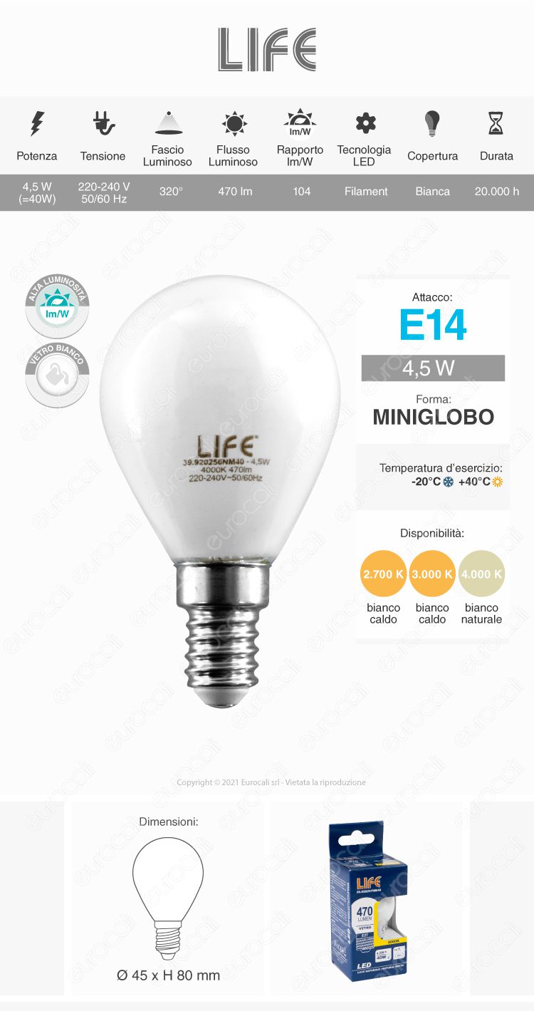 life lampadina e14 led filament 4,5w miniglobo g45 milky