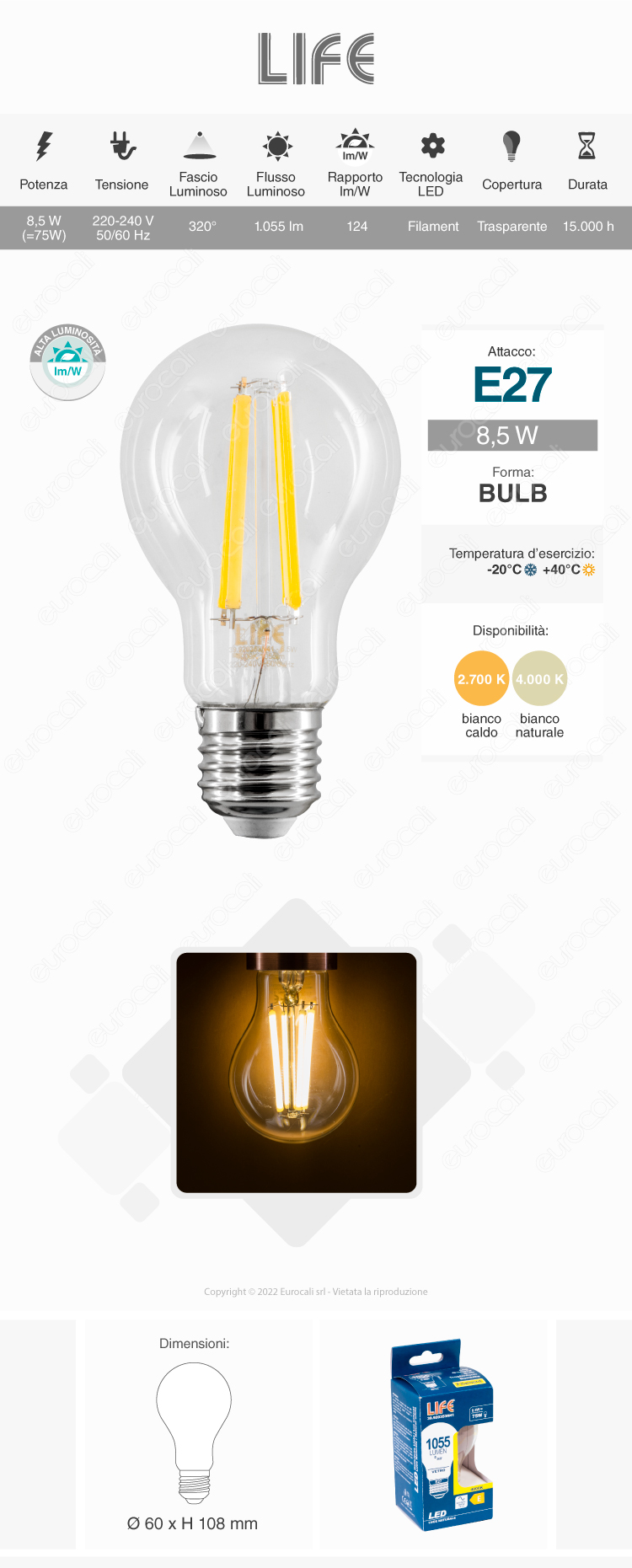 lampadina life e27 8,5w bulb a60 filament vetro trasparente
