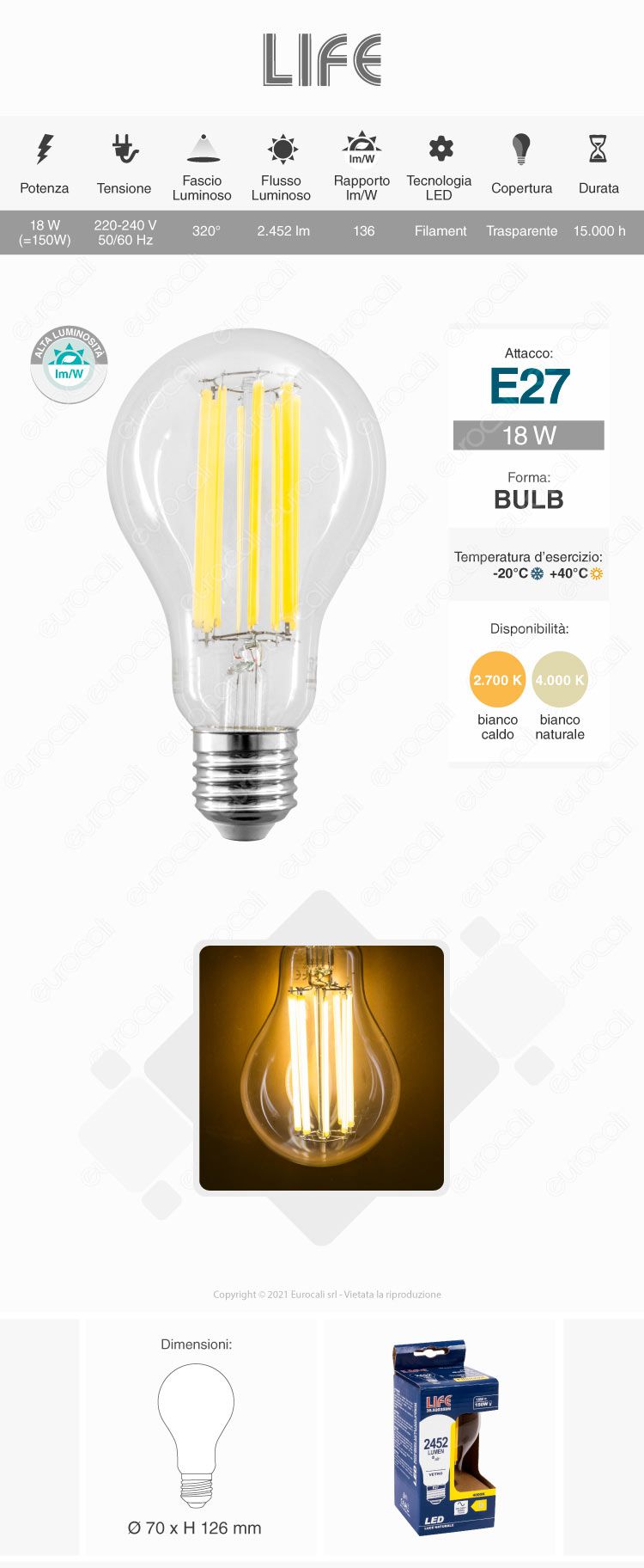 lampadina life E27 18W bulb A70 filament vetro trasparente