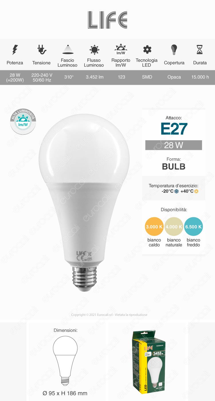 life lampadina e27 led smd 28w bulb a95