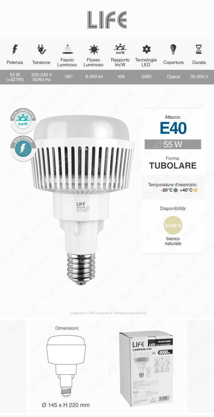 life led e40 55w t145 industriale high power