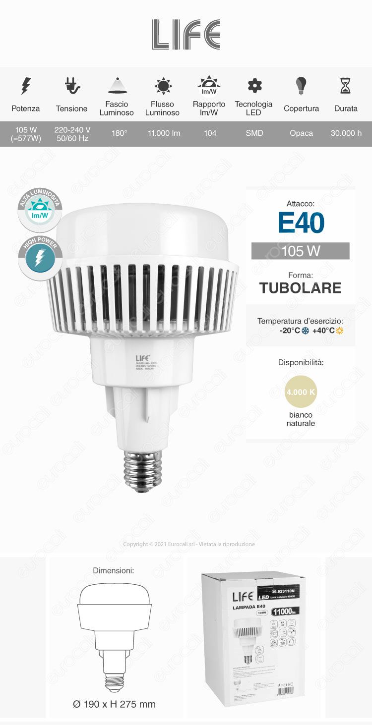 life led e40 105w t190 industriale high power
