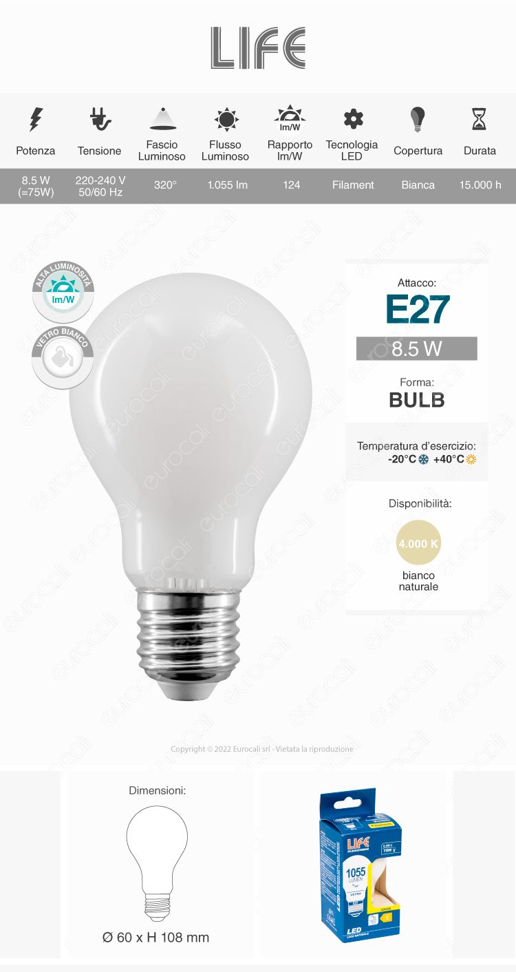 lampadina life e27 8,5w bulb a60 filament vetro milky