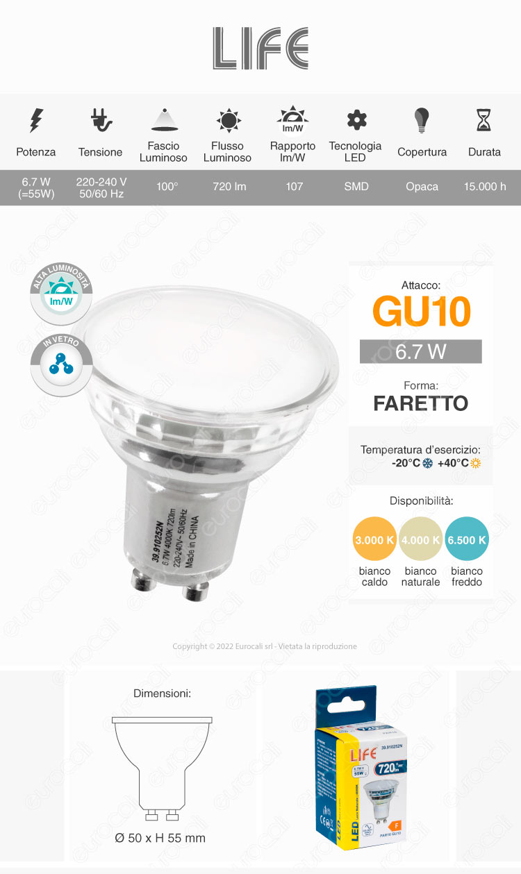 faretto led life par16 gu10 6,7w smd vetro