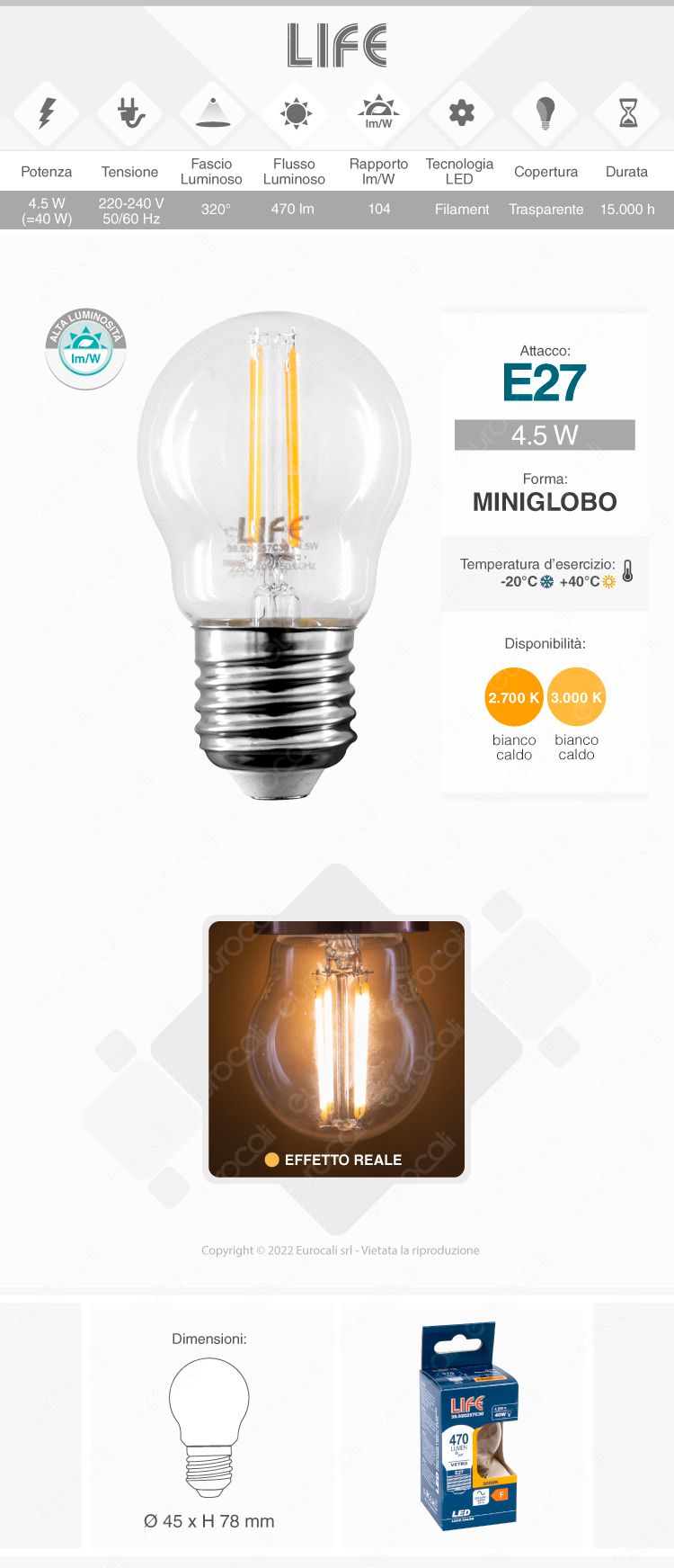 life lampadina led e27 4,5w miniglobo g45 filament vetro trasparente