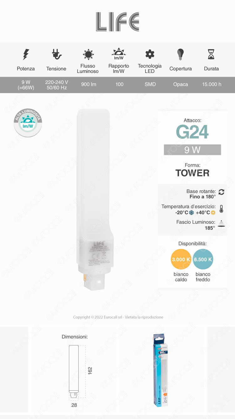 life lampadina led g24 2 pin tower pl 9w smd rotatable