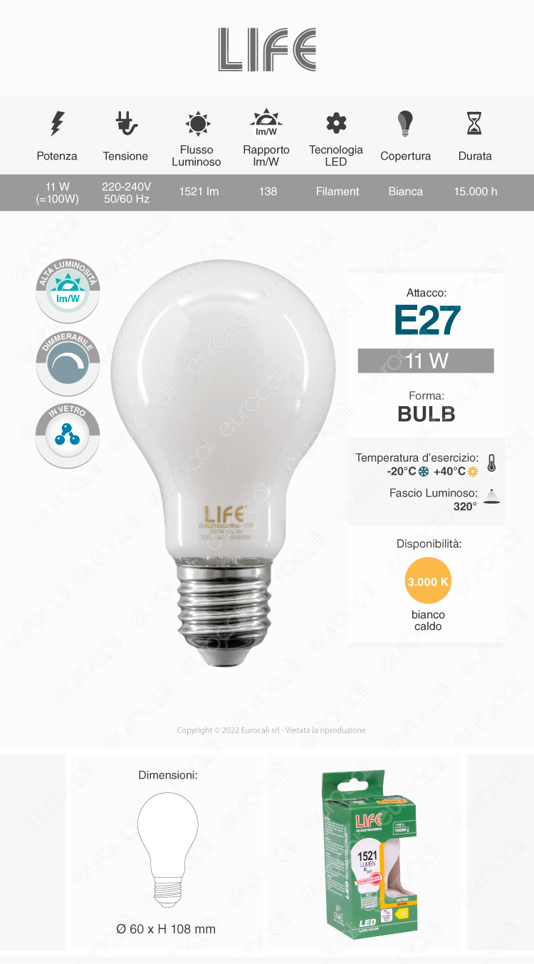 life lampadina led e27 bulb a60 goccia 11w filament vetro milky dimmerabile