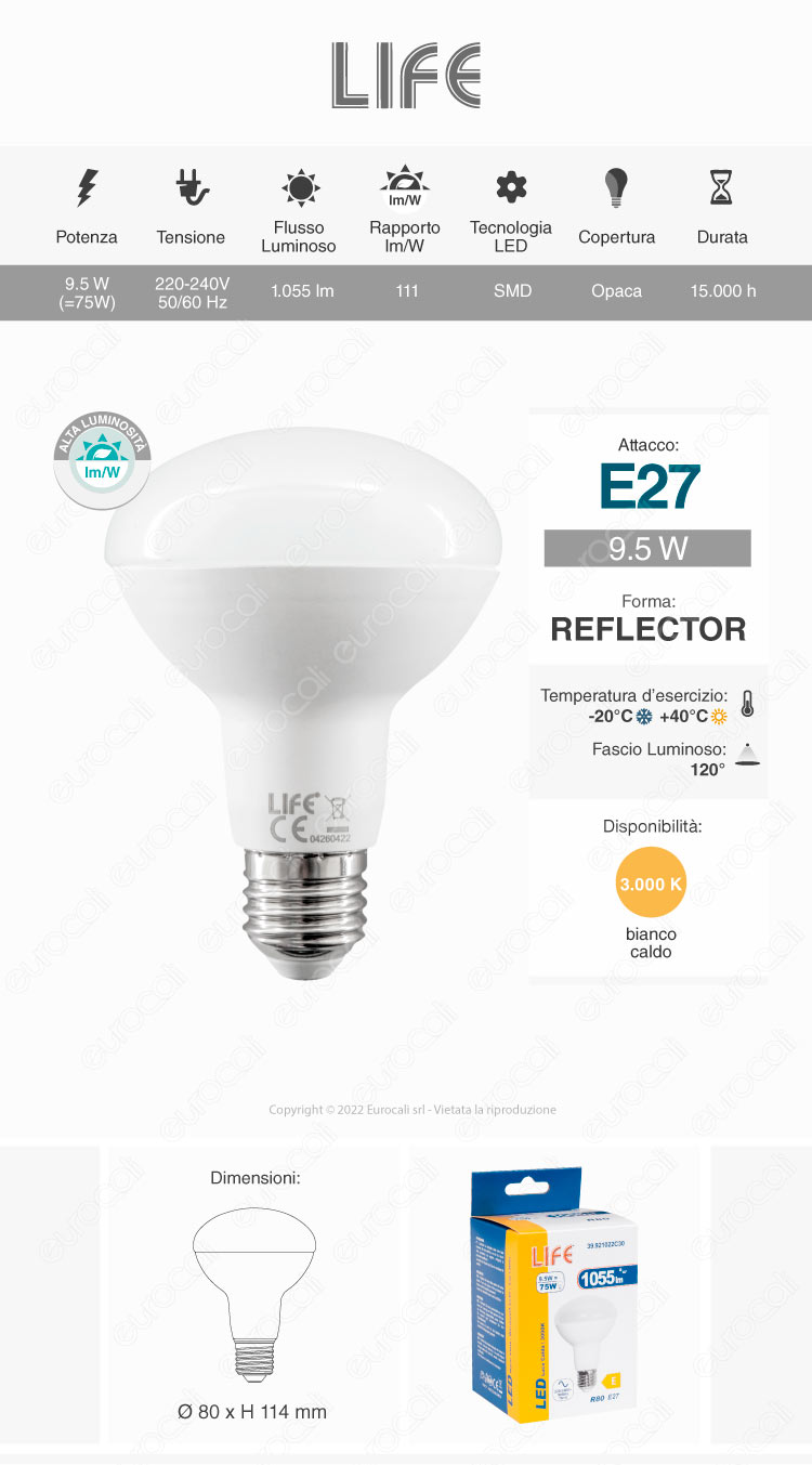 life lampadina led e27 9,5w reflector r80 smd