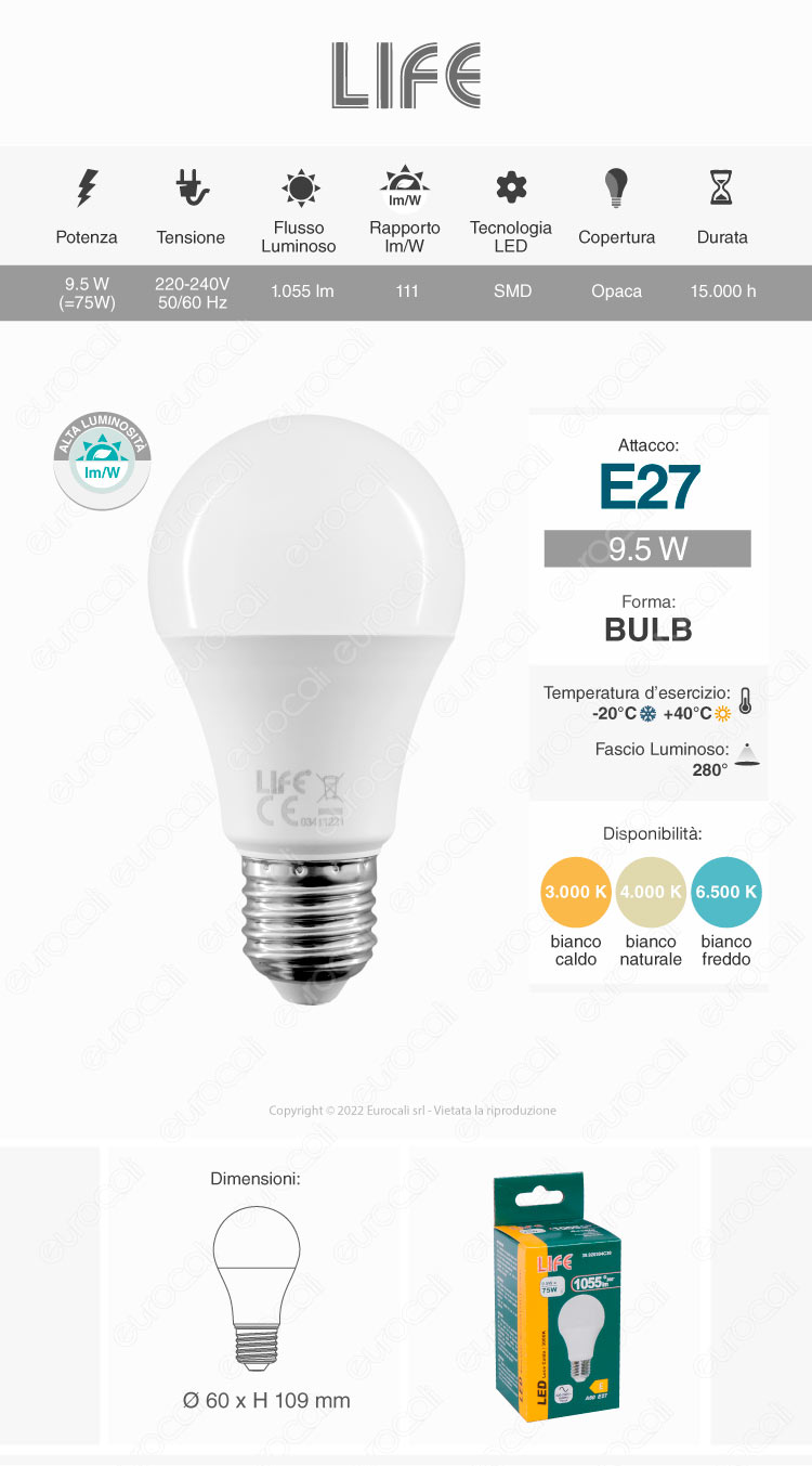 life lampadina led e27 9,5w bulb a60 smd