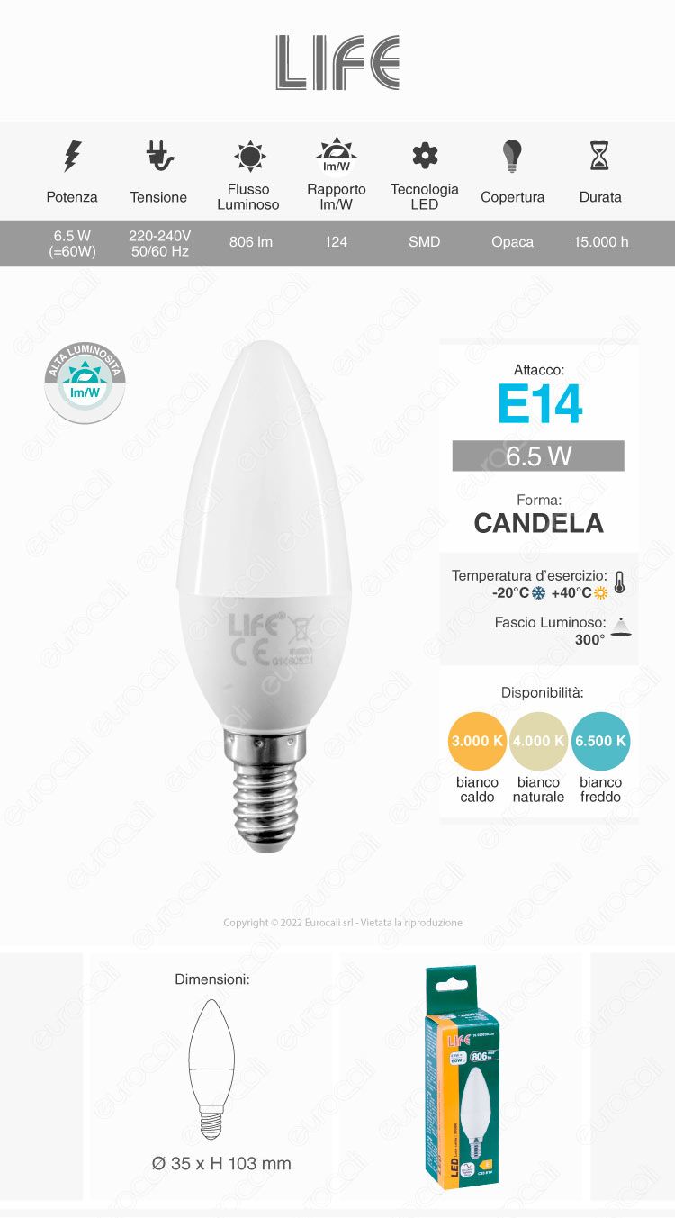 life lampadina led e14 6,5w candela c35 smd