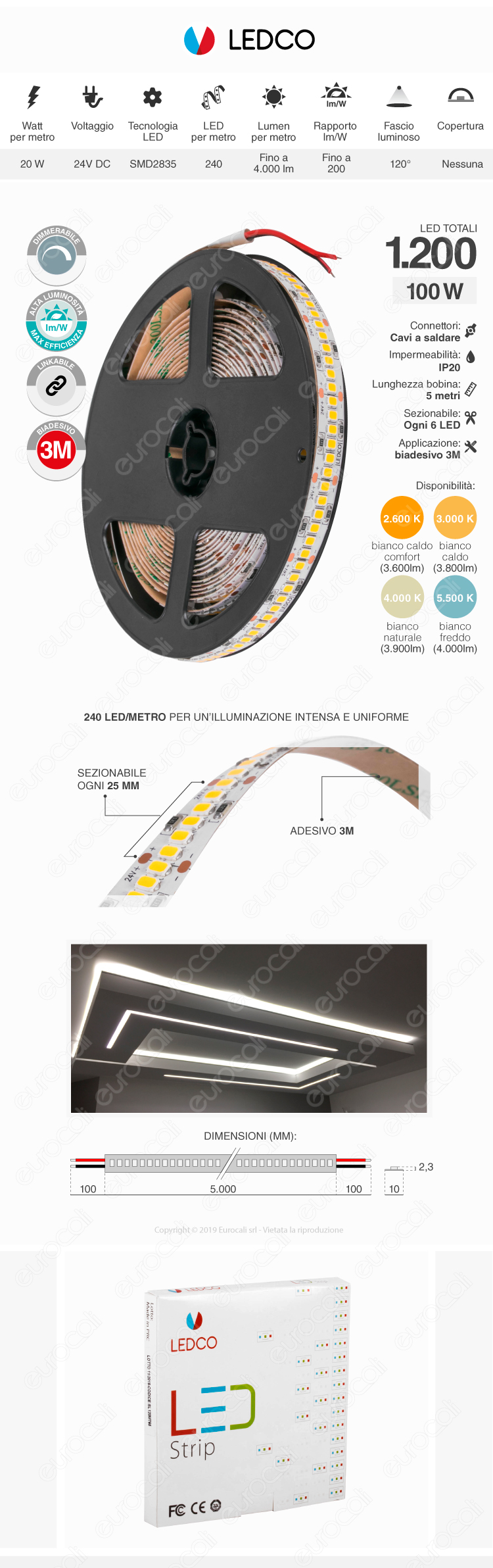 ZNLED Striscia LED 2835 Monocolore 120 LED/metro 24V - Bobina da 30 metri - mod. S411819210 / S411819220