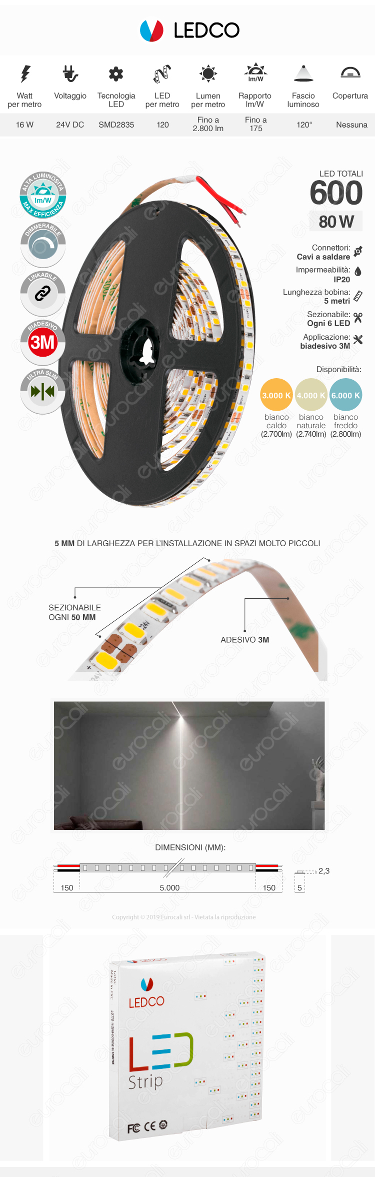 ZNLED Striscia LED 2835 Monocolore 120 LED/metro 24V - Bobina da 30 metri - mod. S411819210 / S411819220