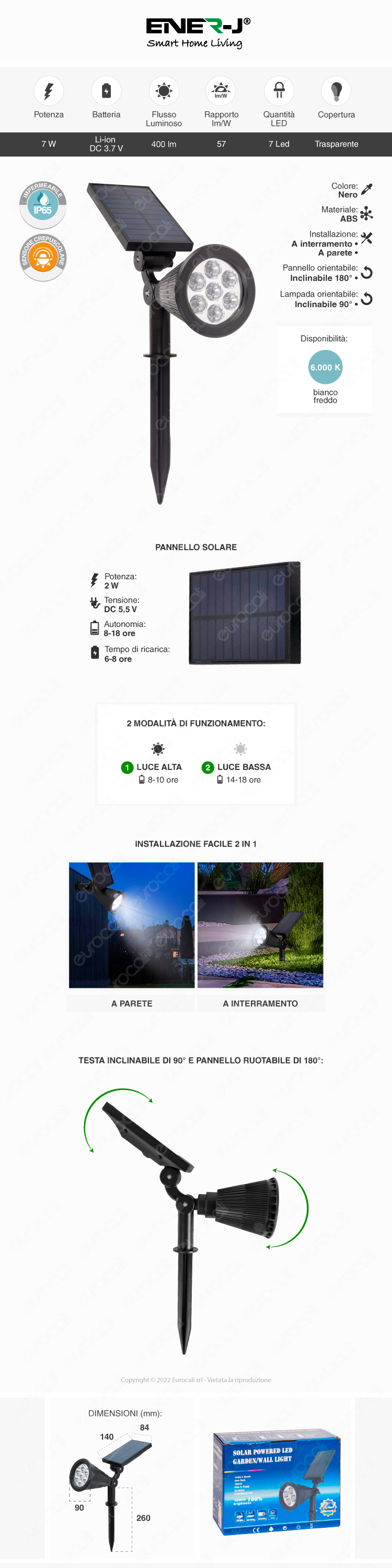 ener-j faretto giardino led pannello solare sensore crepuscolare 7w ip65 nero
